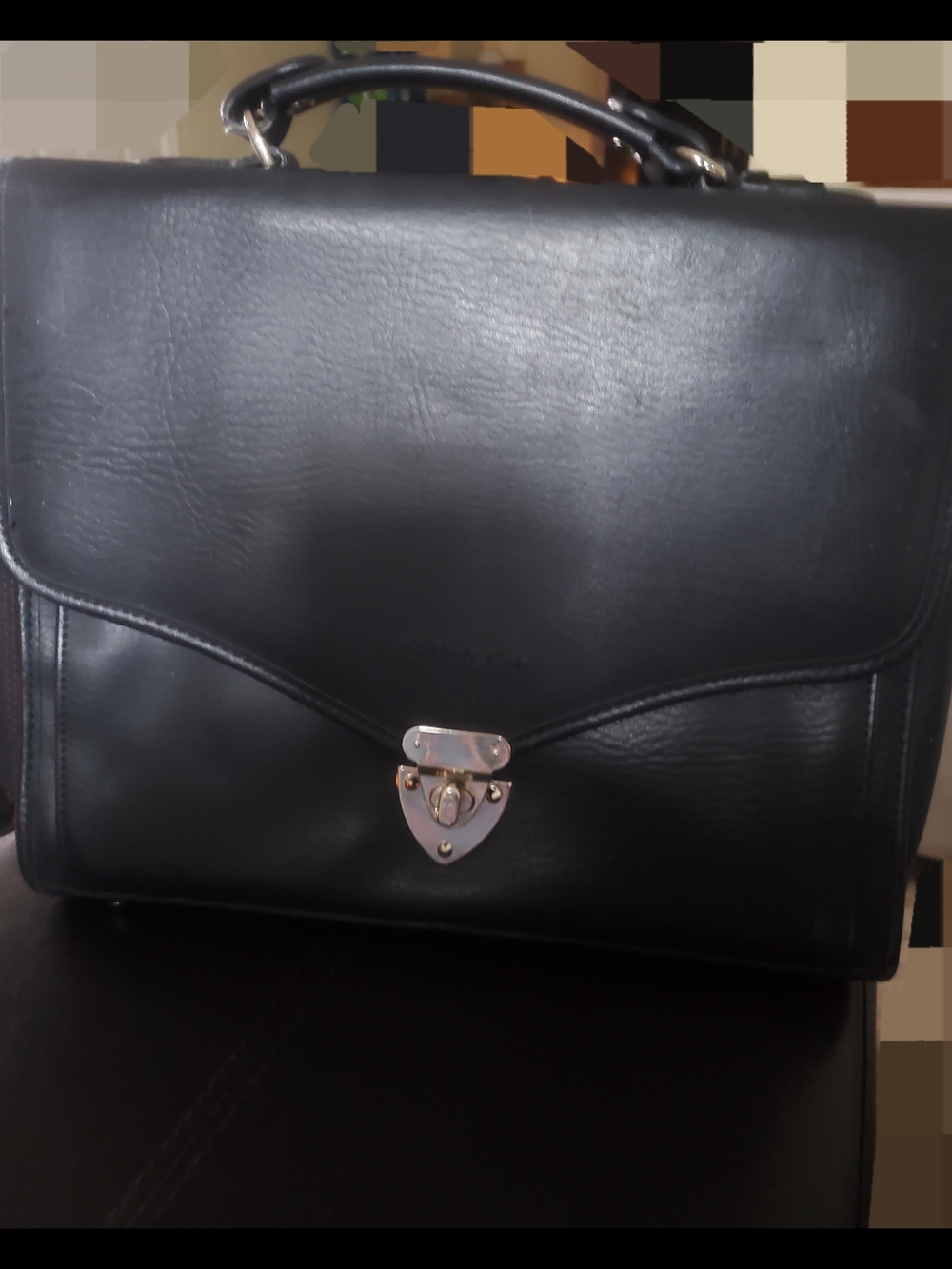 Coach Black Leather Top-Handle Tote with Polished Gold Lock - Picture 5 of 11